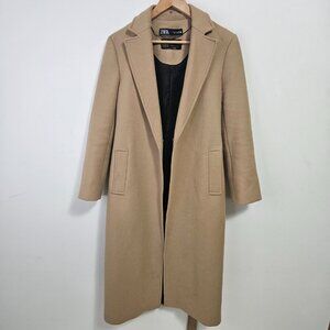 Zara Manteco Wool Belted Wrap Coat Sz S Camel Tan Elevated Staples